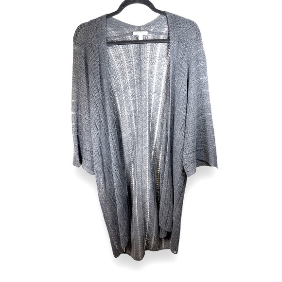 Eileen Fisher Open Knit Short Sleeve Linen Long Line Cardigan Kimono